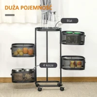 HOMCOM Wózek kuchenny z 4 poziomami, kosze z siatki, górna półka, obrotowe kółka, czarny(m-4)