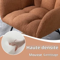 Fauteuil à bascule en tissu teddy, avec poche, dossier enveloppant et base en bois massif, pour salon ou chambre d’enfant, Marron(m-4)