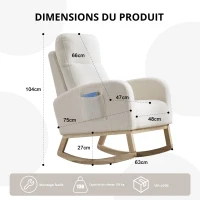 Fauteuil à bascule d’allaitement, dossier haut ergonomique, base incurvée en bois massif, poche latérale, 75x63x104 cm, Blanc(m-1)
