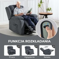 HOMCOM Fotel telewizyjny z funkcją pomocy przy wstawaniu, fotel relaksacyjny z funkcją leżenia i masażu, sterowany pilotem, z boczną kieszenią, w lnianej optyce, ciemnoszary(m-6)
