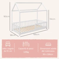 HOMCOM Struttura Letto per Bambini a Forma di Casetta con Doghe e Recinzione, in Legno di Pino, 96x195x165 cm, Bianco(m-3)