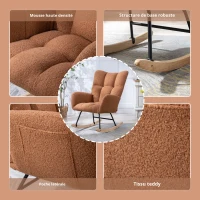 Fauteuil à bascule en tissu teddy, avec poche, dossier enveloppant et base en bois massif, pour salon ou chambre d’enfant, Marron(m-5)
