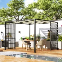 Outsunny Pergola per Esterno 3x3 m con Copertura Ondulata e Pannelli Laterali, in Metallo e Poliestere Nero(m-8)