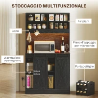 HOMCOM Credenza da Cucina Alta Stile Rustico con 2 Armadietti, Portabottiglie, Prese di Ricarica e Luci LED, Nero(m-4)