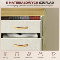 HOMCOM Komoda do sypialni z 5 materiałowymi szufladami, stalowymi wzmocnieniami, drewnianym blatem, 4 kieszeniami i 2 hakami, beżowa(m-4)