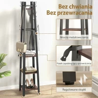 HOMCOM Wieszak Garderobiany z 4 Poziomami, Wolnostojący Stojak na Ubrania, 8 Haków, 4 Półki, Styl Industrialny, Metal, Płyta Wiórowa, Brązowy(m-6)