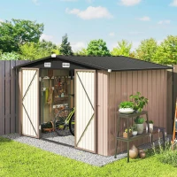 Outsunny Capanno in Metallo 305 x 245 cm, Robusto Capanno da Giardino con 4 Prese d'Aria e Porte Doppie con Serratura, Marrone(m-10)