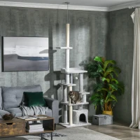 PawHut Albero Tiragraffi per Gatti a Soffitto con Piattaforme e Casetta, 60x40x225-255cm, Grigio(m-2)
