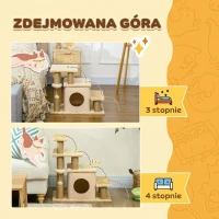PawHut Schodkowa dla Zwierząt, Drapak, 4 Stopnie, Zabawka Kulista, Kryjówka, regulowany w wysokości, 60 x 40 x 66 cm, Beżowy(m-4)