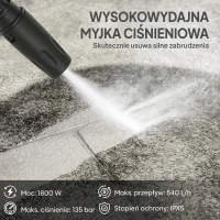 Outsunny Myjka Ciśnieniowa z Aluminiową Pompą 135 bar, 1800 W, 540 L/h, 5 m Wąż, Regulowana Dysza i Uchwyt(m-4)