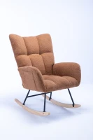 Fauteuil à bascule en tissu teddy, avec poche, dossier enveloppant et base en bois massif, pour salon ou chambre d’enfant, Marron(m-17)