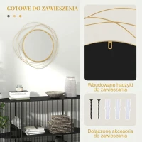 HOMCOM Lustro ściennie, Ø65 cm Dekoracja ścienna z Lustrem, Metalowa Rama, Lustro do Przedpokoju, Sztuka Ścienna do Salonu, Sypialni, Złote(m-5)