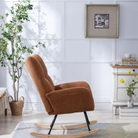 Fauteuil à bascule en tissu teddy, avec poche, dossier enveloppant et base en bois massif, pour salon ou chambre d’enfant, Marron(m-16)