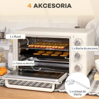 Mini Piekarnik HOMCOM, 3 tryby, do 230° C, 1400W, z akcesoriami, 46x38,5x29cm, Kremowy(m-6)