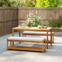 Outsunny 4 Seater Garden Furniture Set, 3 Pieces Garden Table and Benches with Cushions, Umbrella Hole, Outdoor Garden Dining Set with Slatted Top Table for Patio, Teak(m-9)