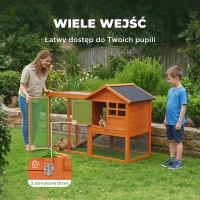 PawHut Domek dla królików 2 poziomy, drewniany domek z wodoodpornym dachem asfaltowym, wybieg, rampa, drzwi, 123,5 x 62,6 x 92,5 cm, pomarańczowy(m-5)