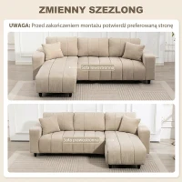 Narożna Sofa HOMCOM z Zmiennym Narożnikiem, Zintegrowane Siedzisko, Duża 3-osobowa Sofa w Kształcie Litery L z Sprężynowym Siedziskiem, 2 Poduszki, Stalowa Rama, Sofa do Salonu, Kolor Beżowy(m-4)