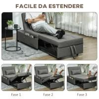 HOMCOM Poltrona Letto 4 in 1 Convertibile in Chaise Longue e Poggiapiedi con Sistema Clic Clac, Grigio(m-4)