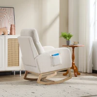 Fauteuil à bascule d’allaitement, dossier haut ergonomique, base incurvée en bois massif, poche latérale, 75x63x104 cm, Blanc(m-16)