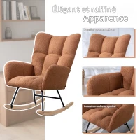 Fauteuil à bascule en tissu teddy, avec poche, dossier enveloppant et base en bois massif, pour salon ou chambre d’enfant, Marron(m-6)