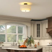 HOMCOM Modern Ceiling Light with Dual Linen Lampshades, Semi Flush LED Ceiling Light for Living Room, Bedroom, Kitchen, E14 Bulb Compatible, Cream White(m-6)