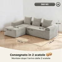 HOMCOM Divano Angolare 3 Posti Senza Struttura, Seduta Ampia Profonda, in Ciniglia per Soggiorno, Grigio Chiaro(m-3)