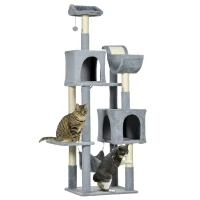 PawHut Albero per Gatti con Amaca, Lettino e 2 Casette, in Truciolato e Peluche, 55x49x177 cm, Grigio e Bianco(m-11)