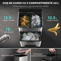 HOMCOM Coș de Gunoi Automat cu Senzor pentru Colectare Selectivă, 3 Compartimente (2 x 12,5 L + 15 L), din Oțel Inoxidabil, Găleți Detașabile(m-5)