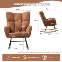 Fauteuil à bascule en tissu teddy, avec poche, dossier enveloppant et base en bois massif, pour salon ou chambre d’enfant, Marron(m-1)