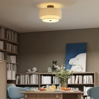 HOMCOM Modern Ceiling Light with Dual Linen Lampshades, Semi Flush LED Ceiling Light for Living Room, Bedroom, Kitchen, E14 Bulb Compatible, Cream White(m-7)