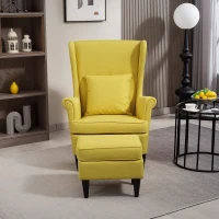 HOMCOM Poltrona con Poggiapiedi in Stile Contemporaneo, in Tessuto Effetto Lino e Legno di Caucciù, 75x83x104 cm, Giallo(m-8)