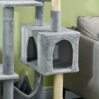 PawHut Albero per Gatti con Amaca, Lettino e 2 Casette, in Truciolato e Peluche, 55x49x177 cm, Grigio e Bianco(m-8)