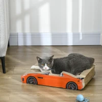 PawHut Cuccia per Gatti Tiragraffi a forma di Auto con Trattamento ad Erba Gatta, in Cartone Ondulato, 50x30x12.5 cm, Rosso(m-2)