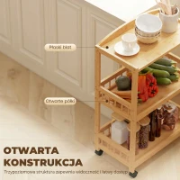 HOMCOM Wózek kuchenny na kółkach z 3 poziomami, wózek serwisowy z miejscem do przechowywania, regał kuchenny na kółkach, do kuchni, łazienki, biura, naturalne drewno(m-4)