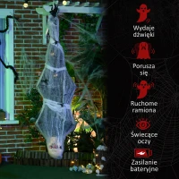 HOMCOM Mumia na Halloween 170 cm, Wiszące Szkieleto z Świecącymi Oczami, Dźwięki Horroru, Dekoracja Drzwi z Siecią Pająka w Naturalnej Wielkości do Użycia Wewnątrz i Na Zewnątrz(m-7)