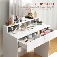 HOMCOM Tavolo da Trucco con Specchio, 3 Ripiani, 2 Cassetti e Sgabello, in Legno, 75x38x135 cm, Bianco(m-6)