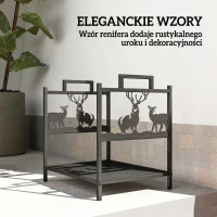 Outsunny Stojak na drewno kominkowe 42,5 x 33,5 x 43 cm z motywem renifera, czarny metalowy stojak na drewno do kominka(m-6)