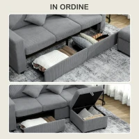 HOMCOM Divano 3 Posti Modulare con Pouf Contenitore in Velluto a Coste, 196x139x85 cm, Grigio Chiaro(m-4)