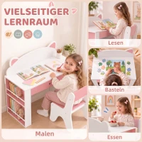 AIYAPLAY Kindertafel en stoelset voor leren en spelen, met lade en boekenrek, wit/roze(m-4)