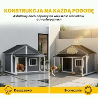 PawHut Domek dla psa na zewnątrz, z werandą, odporny na warunki pogodowe, 124 cm x 112 cm x 105 cm, Szary + Biały(m-5)
