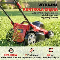 Outsunny Elektryczna Kosiarka 800 W z szerokością cięcia 40 cm, pojemnik na trawę 45 l, wskaźnik akumulatora, ochrona przed przeciążeniem, 7 wysokości cięcia(m-5)