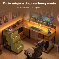 HOMCOM Biurko gamingowe w kształcie litery L z zasilaniem, oświetleniem LED, 4 szufladami, podstawką pod monitor, 155x110x91,4 cm, brązowe(m-7)