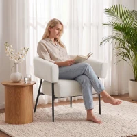 HOMCOM Fauteuil voor Woonkamer, Loungestoel met Dik Kussen, Gestoffeerde Relaxstoel in Linnenlook met Stalen Frame, Beige(m-8)