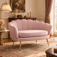 HOMCOM Divano 2 Posti in Velluto con Schienale a Conchiglia, 130x77x77cm, Rosa(m-10)