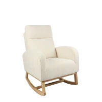 Fauteuil à bascule d’allaitement, dossier haut ergonomique, base incurvée en bois massif, poche latérale, 75x63x104 cm, Blanc(m-20)