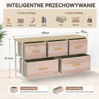 HOMCOM Komoda z 5 szufladami, tkaninowa szafka z metalową ramą i drewnianym blatem, naturalne drewno i biały(m-4)
