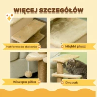 PawHut Schodkowa dla Zwierząt, Drapak, 4 Stopnie, Zabawka Kulista, Kryjówka, regulowany w wysokości, 60 x 40 x 66 cm, Beżowy(m-6)