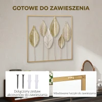 HOMCOM Metalowa rama z motywem liści, ozdoba ścienna, nowoczesny styl, w kolorze złotym(m-5)