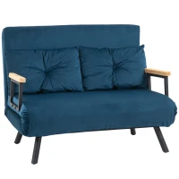 HOMCOM Sofa do spania 2-osobowa Sofa z aksamitu, z funkcją spania, w zestawie 2 poduszki, w aksamitnym wykończeniu, Naturalne + Niebieskie(m-12)