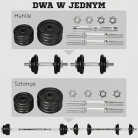 HOMCOM 2 w 1 zestaw hantli regulowany zestaw hantli 20 kg hantle i sztanga z rurką łączącą Profesjonalny trening siłowy i podnoszenie ciężarów do fitnessu domowego(m-4)